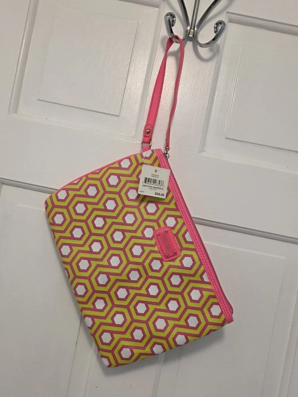 NWT Nine West Pink and Lime Geometric Large Wristlet Clutch, Ret. $35